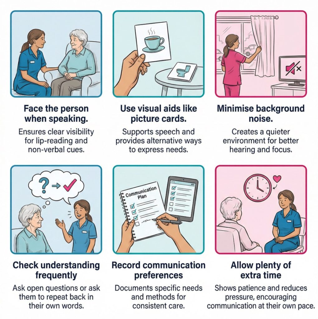 Infographic showing practical ways care staff can reduce communication barriers, including clear speech, visual aids, quieter spaces, checking understanding, and recording preferences.