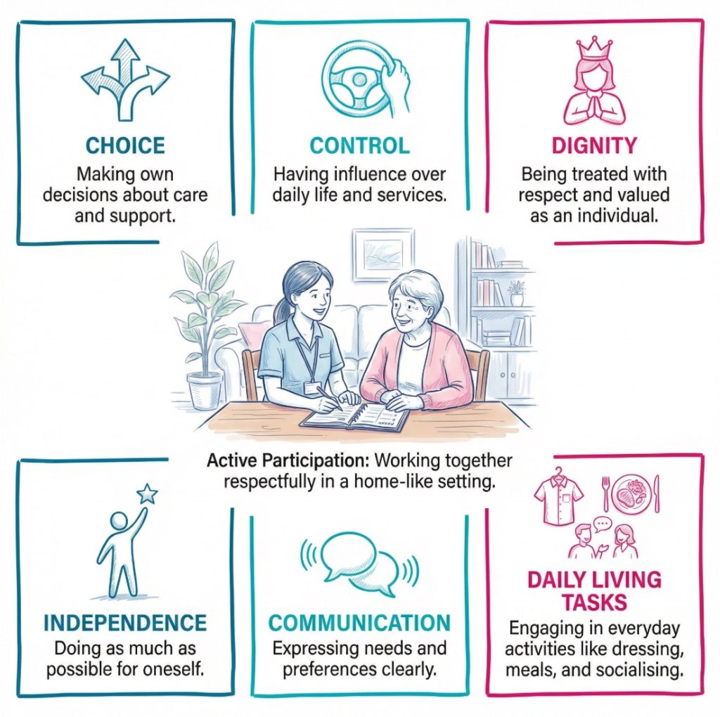 Infographic showing a person receiving care taking part in choices and daily activities with support from a care worker.