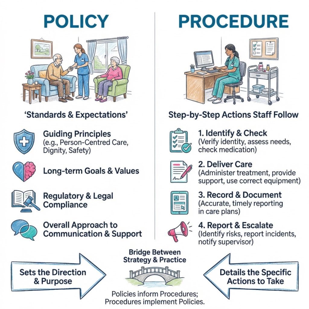Infographic comparing policies and procedures in health and social care with examples of standards and step-by-step actions