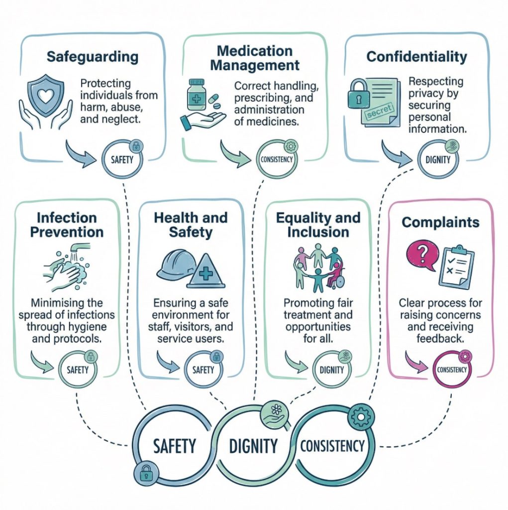 Infographic showing common health and social care policies and how they support safe, respectful, and consistent care.