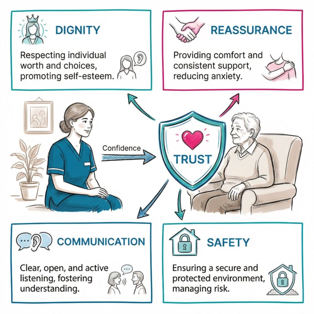 Infographic showing a care worker using calm communication to build trust, dignity, reassurance, and safety for an older adult.