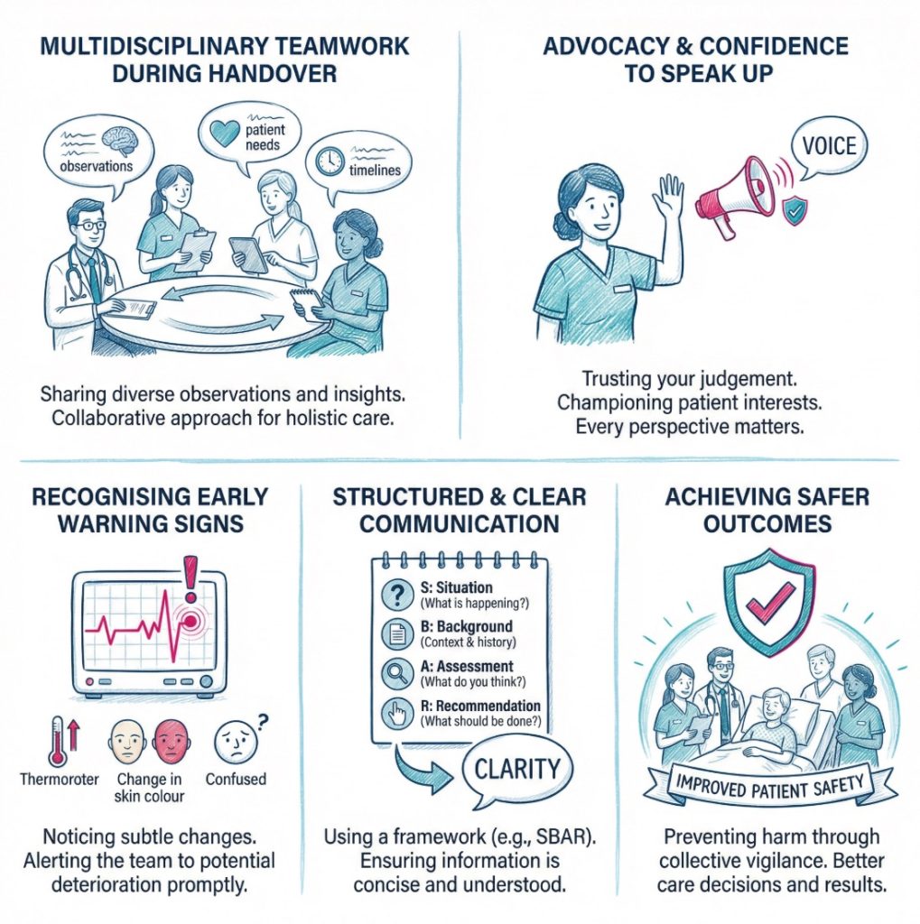 Infographic showing a care team confidently sharing concerns during handover to improve teamwork, advocacy, and safety.