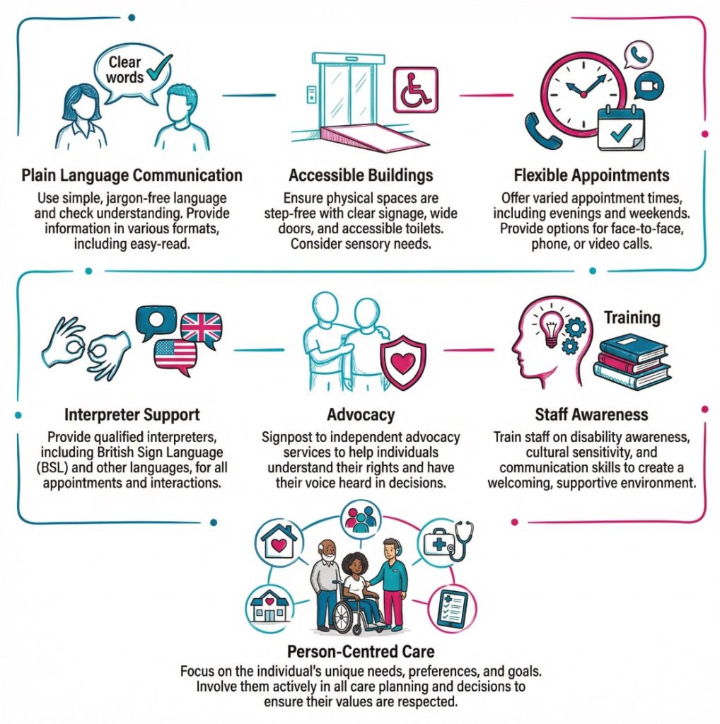 Infographic showing practical ways to reduce barriers in health and social care, including accessible communication, flexible services, advocacy, inclusive environments, and person-centred support.