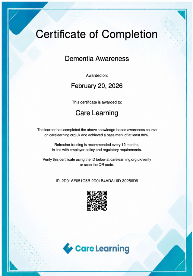 Example certificate issued on course completion