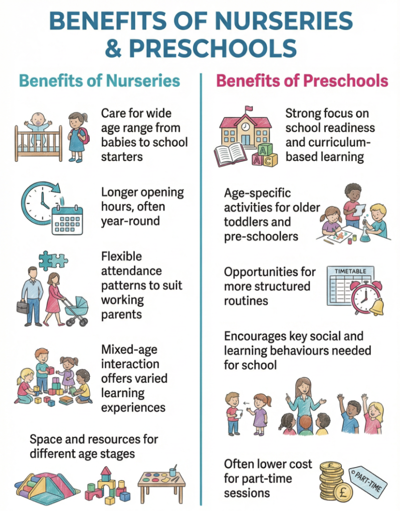 An infographic showing the difference between preschool and nursery and the benefits
