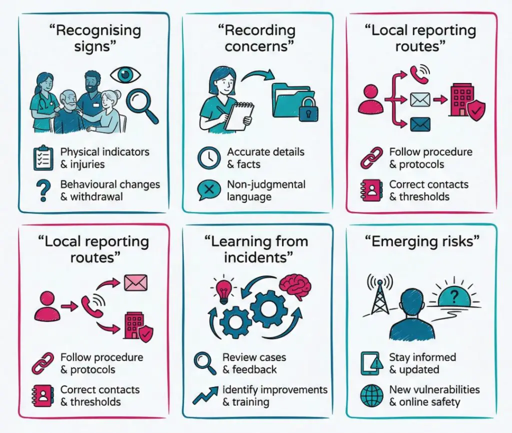 Infographic showing five parts of an effective safeguarding update: recognising signs, recording concerns, reporting routes, incident learning, and emerging risks.