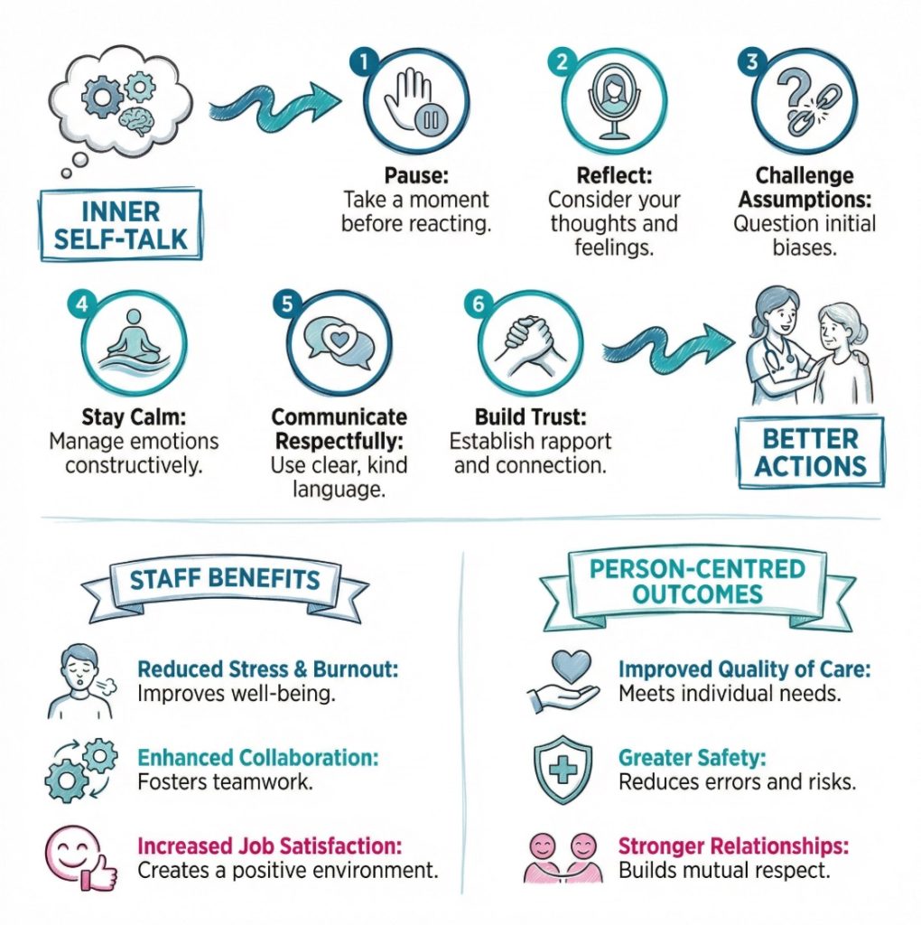 Infographic showing how reflective self-talk in care settings leads to calm communication, better decisions, trust, and more person-centred support.