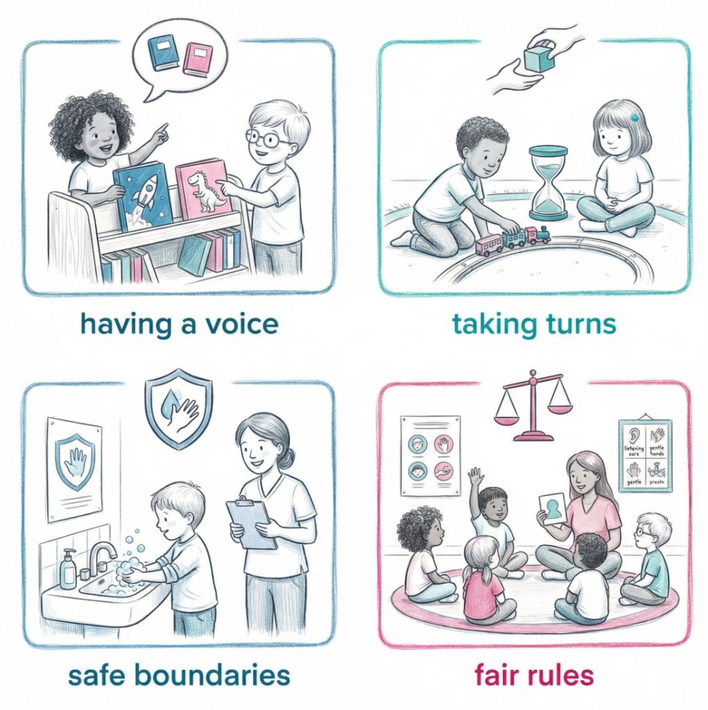 Infographic showing young children in an early years setting making choices, taking turns, and following fair routines with support from a practitioner.