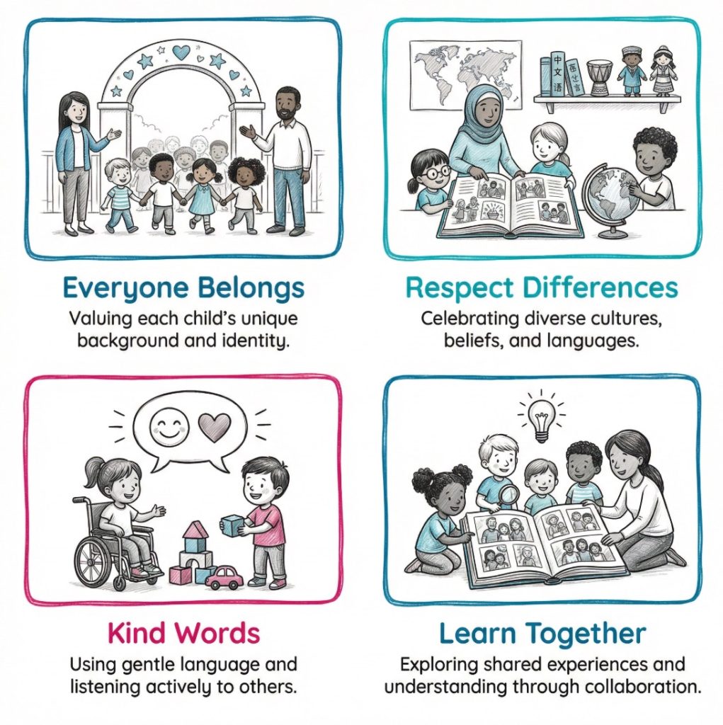 Infographic showing an inclusive early years environment where children from different backgrounds play, learn, and feel that they belong.