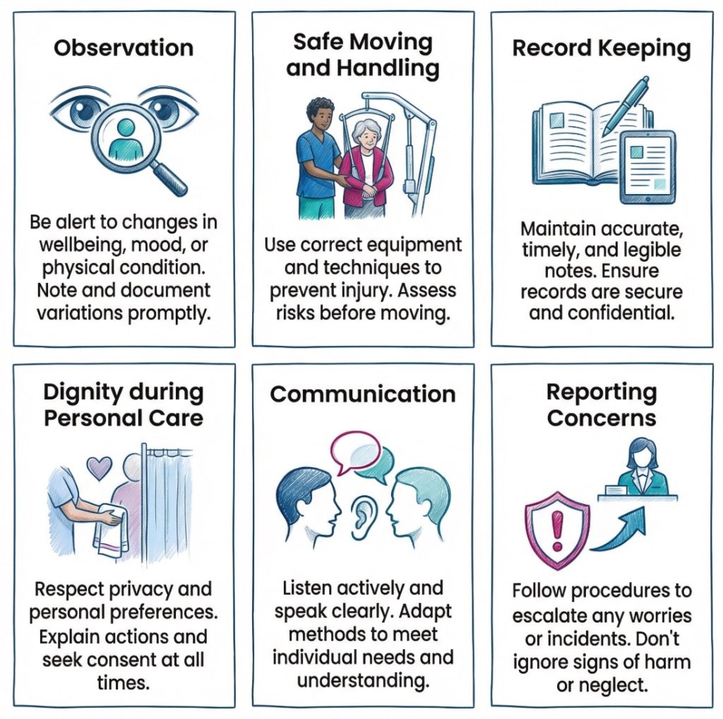 Infographic showing everyday examples of duty of care, including safe support, dignity, communication, record keeping, and reporting concerns.
