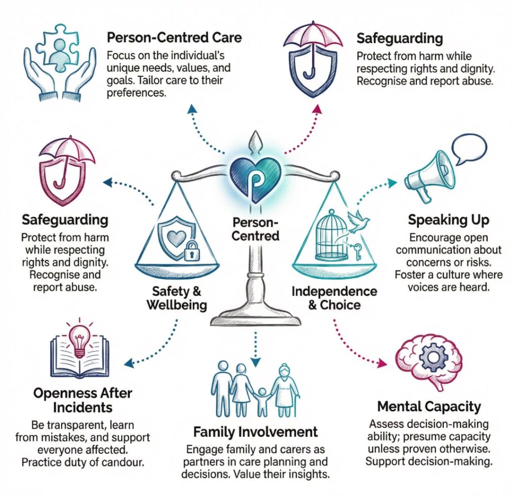 Infographic showing the balance between safety, independence, safeguarding, and speaking up in duty of care decisions.