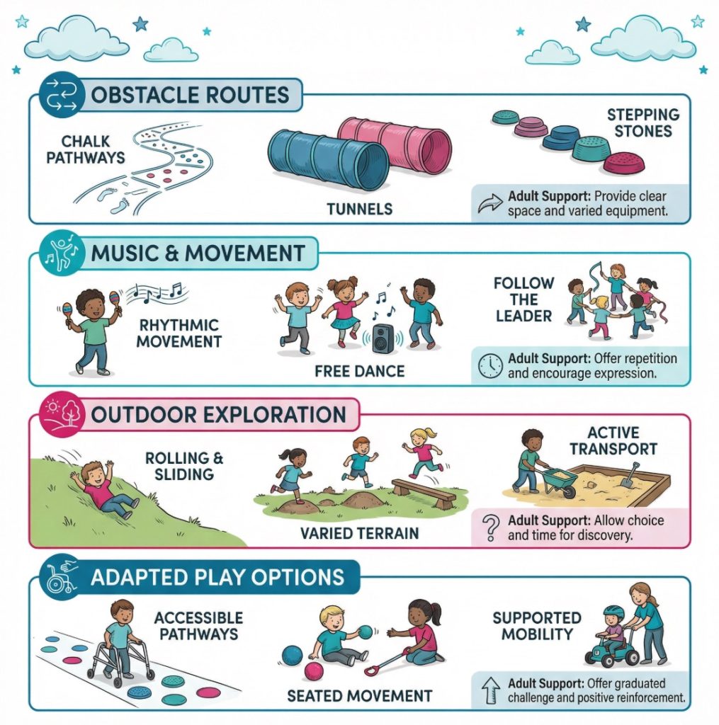 Infographic showing practical early years setups that encourage locomotor play, including obstacle courses, movement games, outdoor exploration, and inclusive adaptations.
