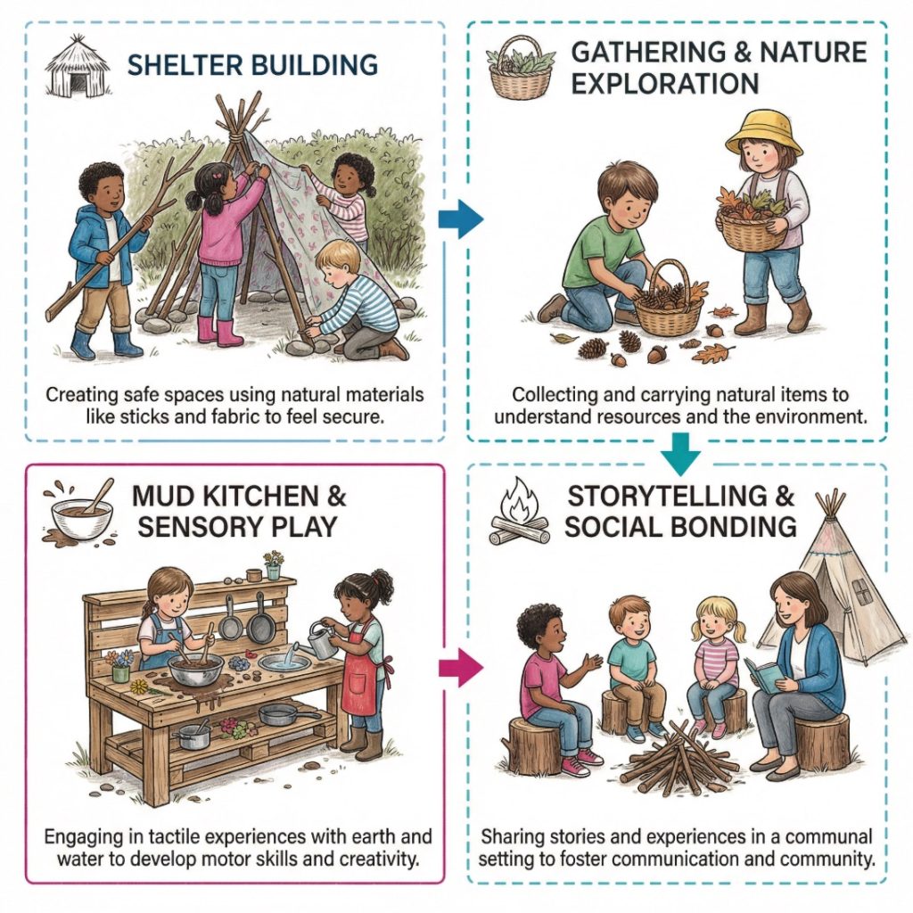 Young children in an early years outdoor space build a den, play in a mud kitchen, gather natural materials, and sit in a storytelling camp area.