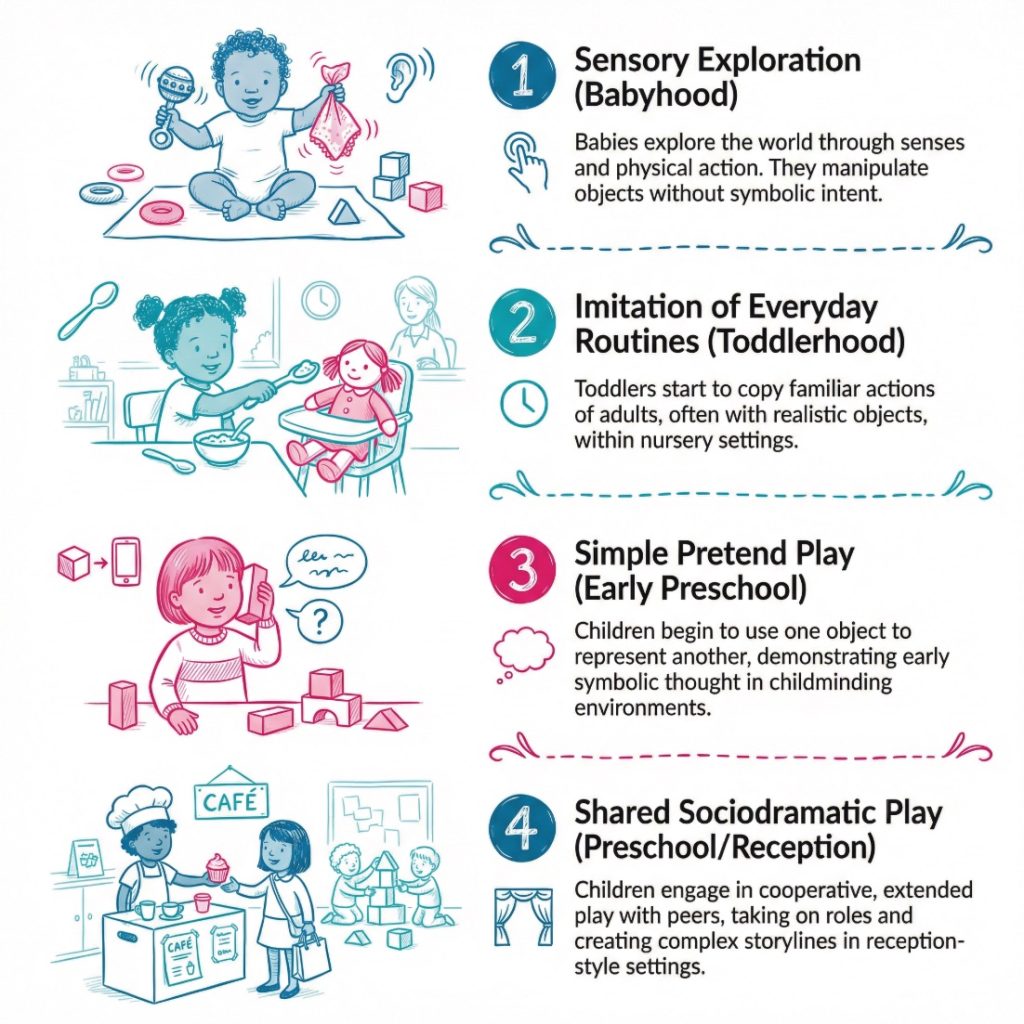 Infographic showing how symbolic play develops from sensory exploration in babies to shared pretend role-play in older young children.