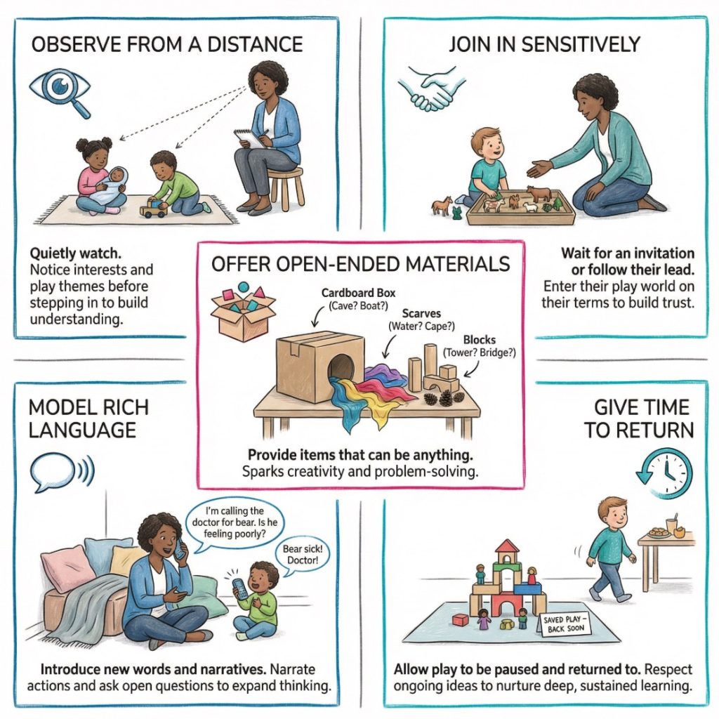 Infographic showing adults supporting children’s symbolic play through observation, language, open-ended materials, and responsive interaction.