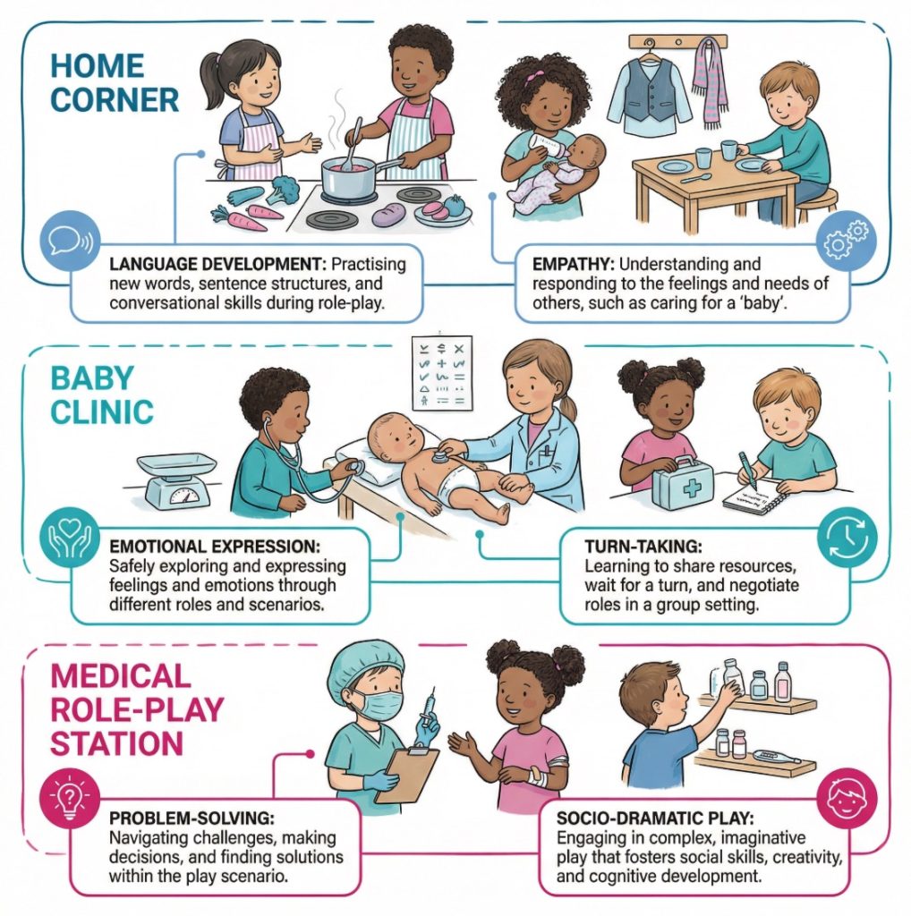 Infographic mapping socio-dramatic play to communication, social skills, emotional wellbeing, cognitive development, and safeguarding observation in early childhood.