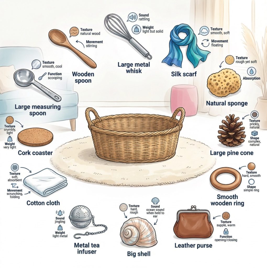 Infographic showing a treasure basket with a range of safe natural and household objects labelled by sensory qualities such as texture, sound, and weight.
