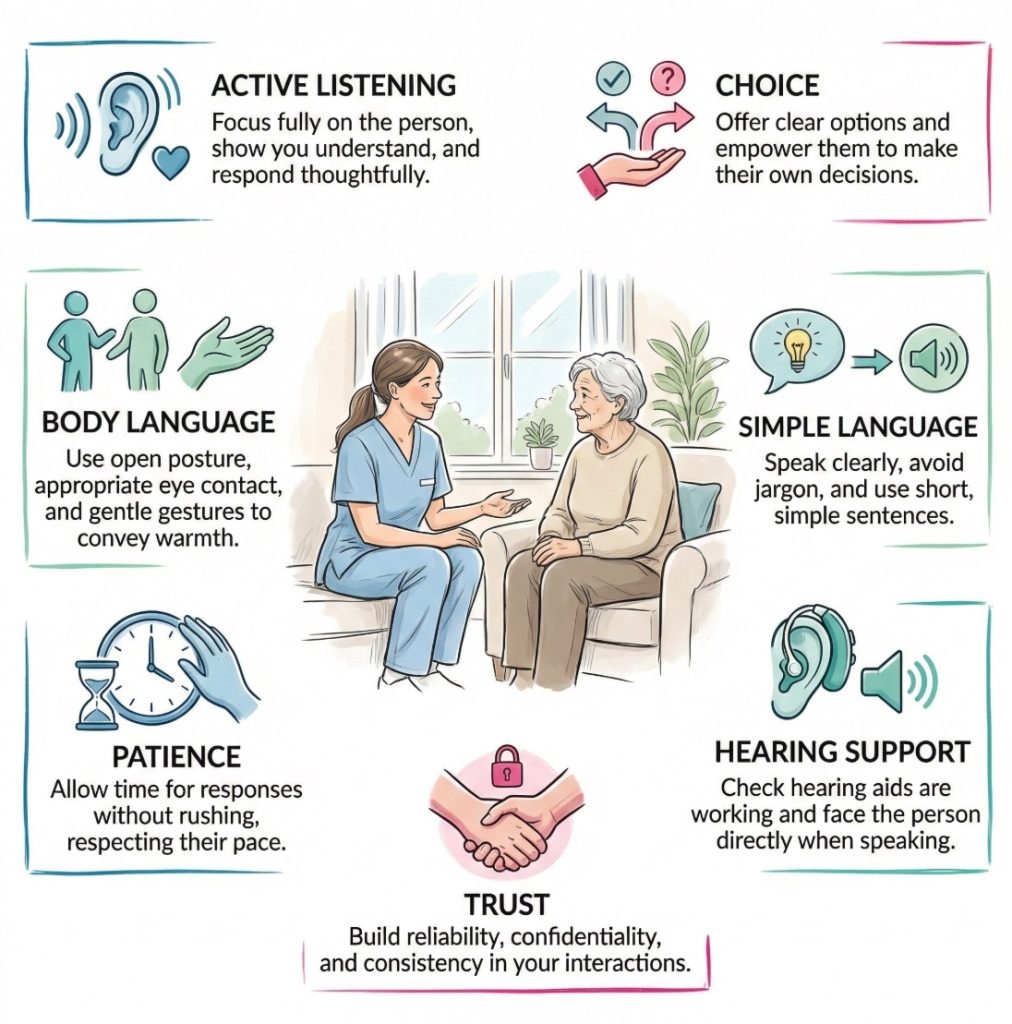 Infographic showing a care worker using active listening, patience, and clear communication to support an older adult with dignity and choice.