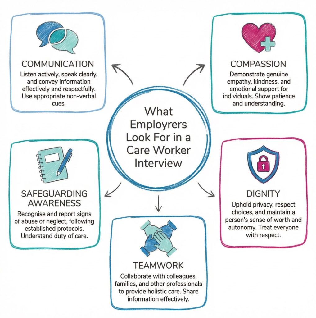 Infographic showing the five main qualities employers look for in care worker interviews: compassion, communication, dignity, safeguarding awareness and teamwork.