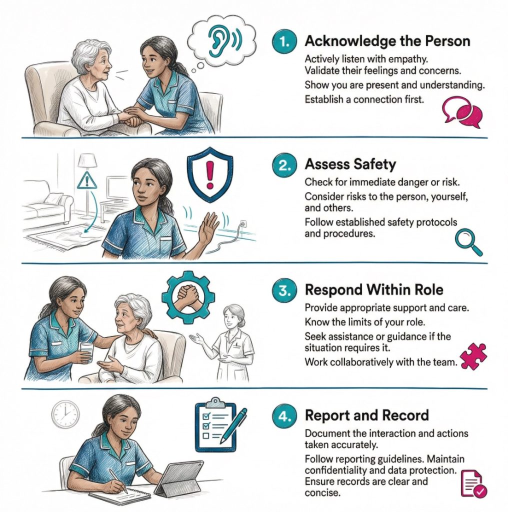 Infographic showing a four-step method for answering care worker scenario interview questions: acknowledge the person, assess safety, respond within role, and report and record.