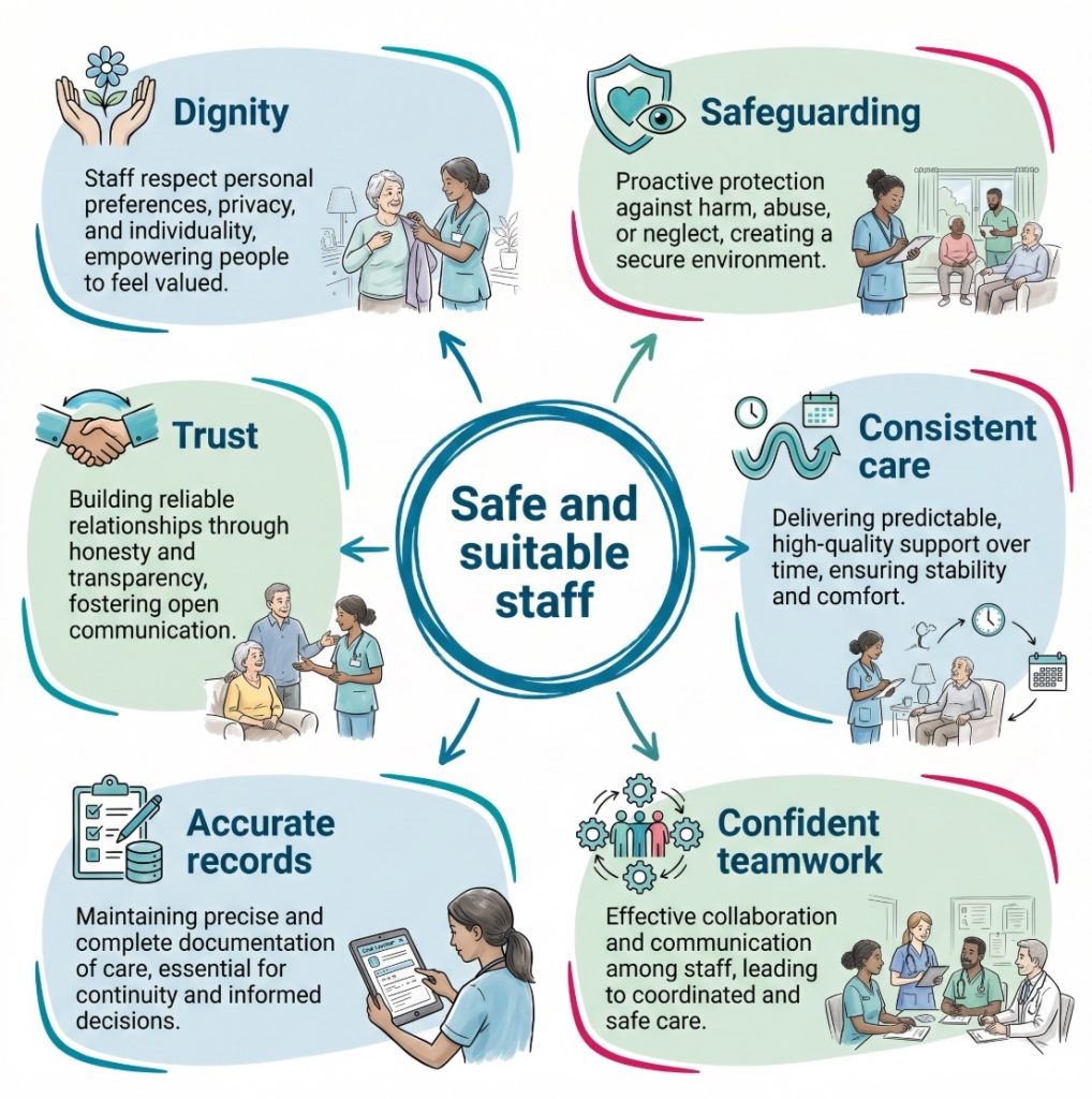 Infographic showing how safe and suitable staff support dignity, safeguarding, trust, teamwork, and consistent care in health and social care.