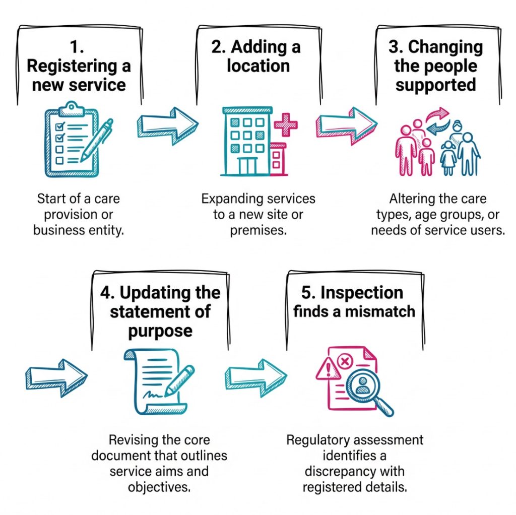 Process infographic showing common points where a service may need to review or update its CQC service user bands.