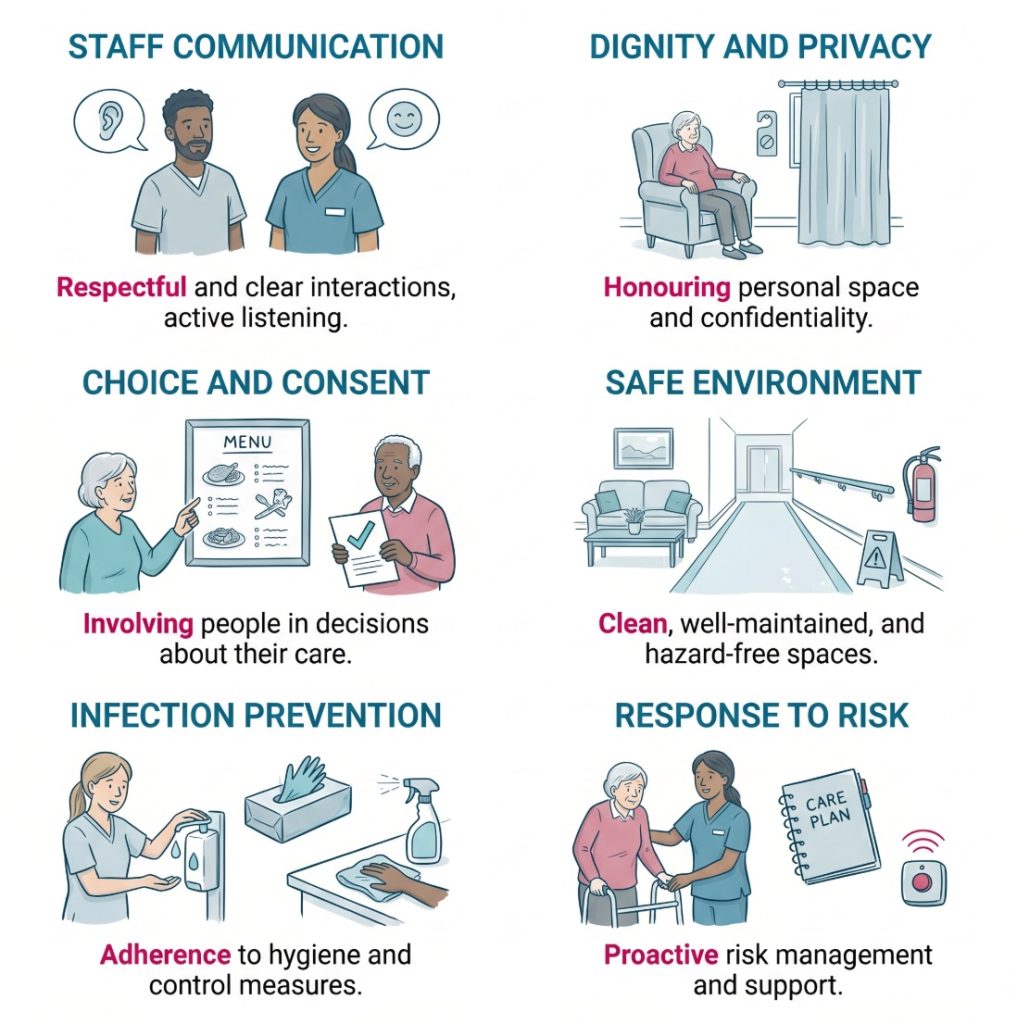 Infographic showing the main things an inspector may notice during an adult social care observation visit, including staff interactions, dignity, choice, safety, cleanliness, and risk response.