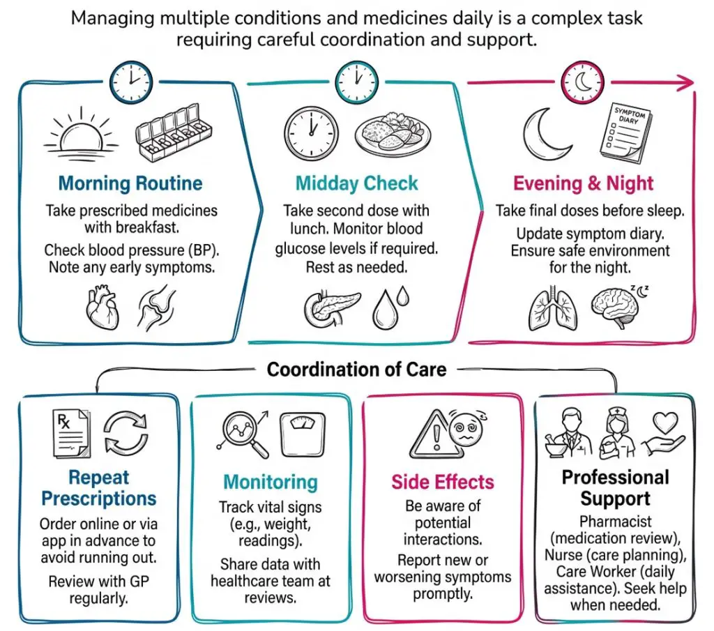 Infographic showing how multiple long-term conditions and several medicines can affect a person’s daily routine and why coordinated support is needed.