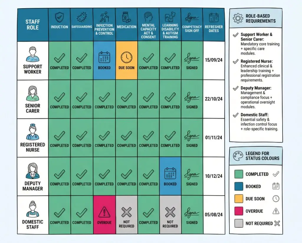 Infographic showing a health and social care training matrix with staff roles, core and role specific training topics, competency checks and colour coded status.