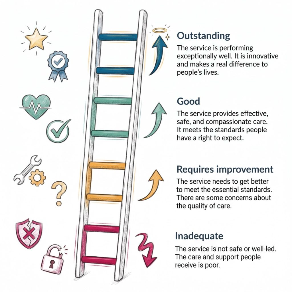 Infographic showing the four CQC ratings from Inadequate to Outstanding, with short descriptions of what each rating means.