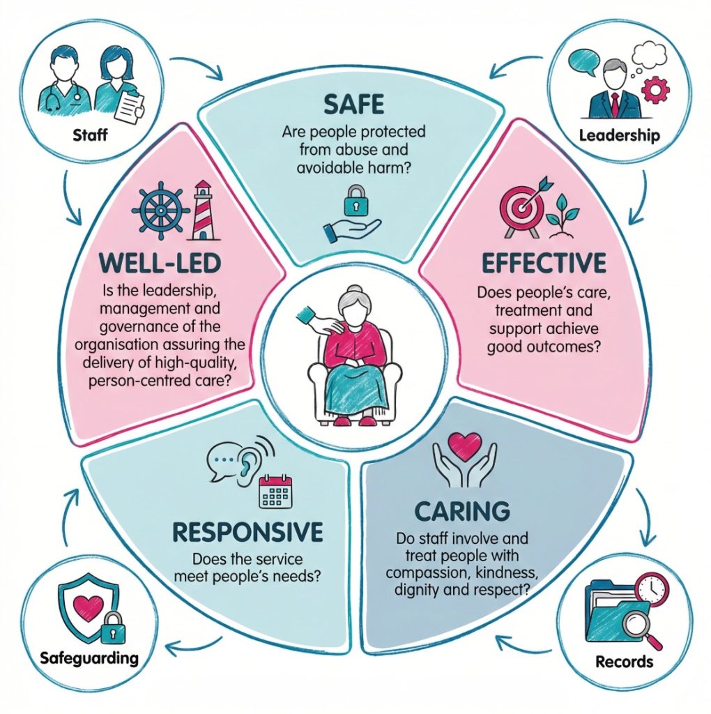 Circular infographic showing the five CQC key questions around a person receiving care, linking safety, effectiveness, care, responsiveness and leadership.