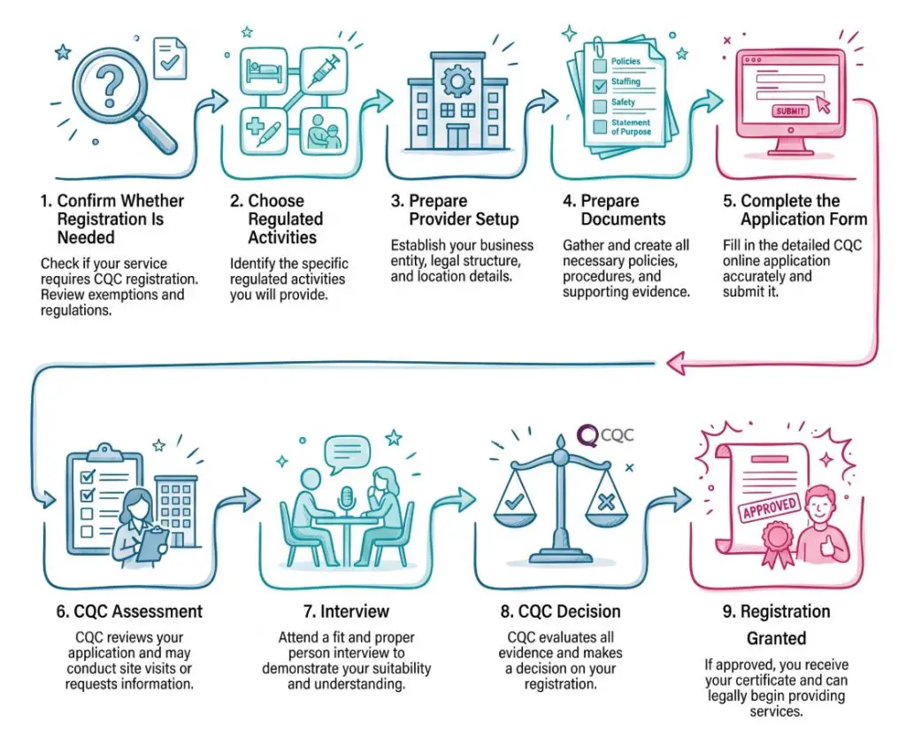 Infographic showing the stages of CQC registration from checking whether registration is needed through application, assessment, interview and CQC decision.
