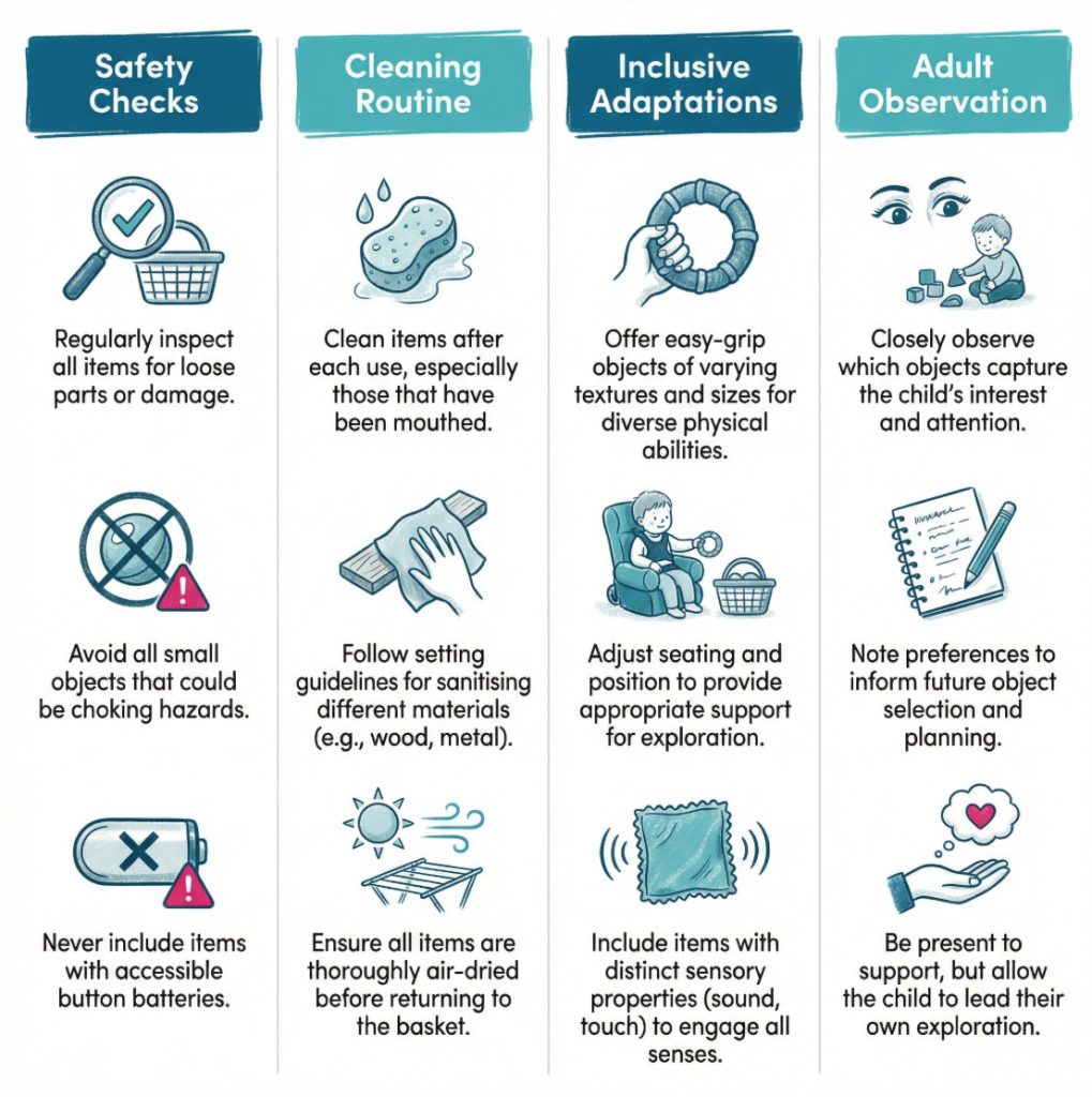 Infographic explaining safe and inclusive treasure basket practice with sections on safety checks, cleaning, accessible setup, and adult observation.