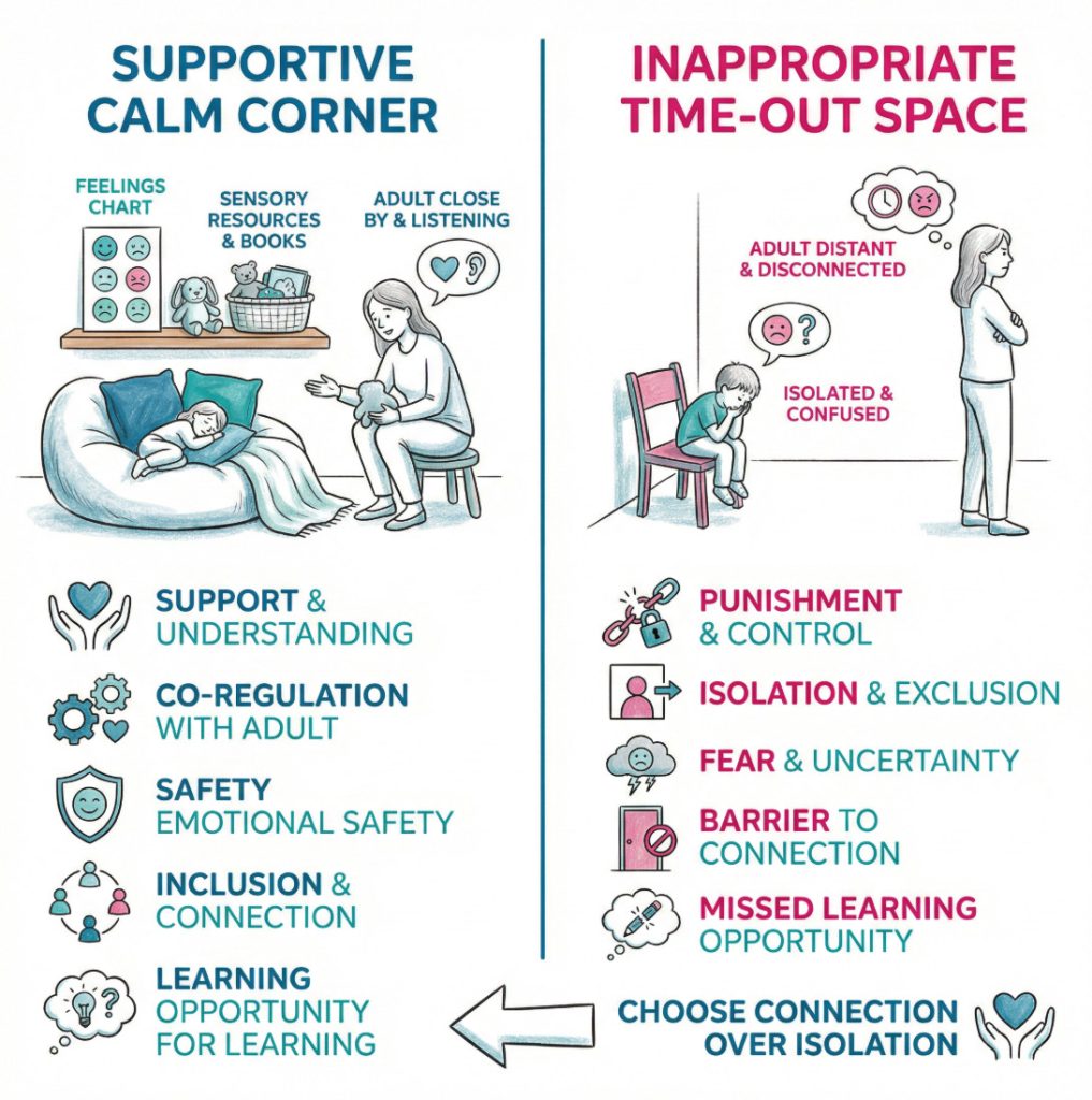 A comparison infographic showing the difference between a supportive calm corner with adult co-regulation and an isolating time-out space.