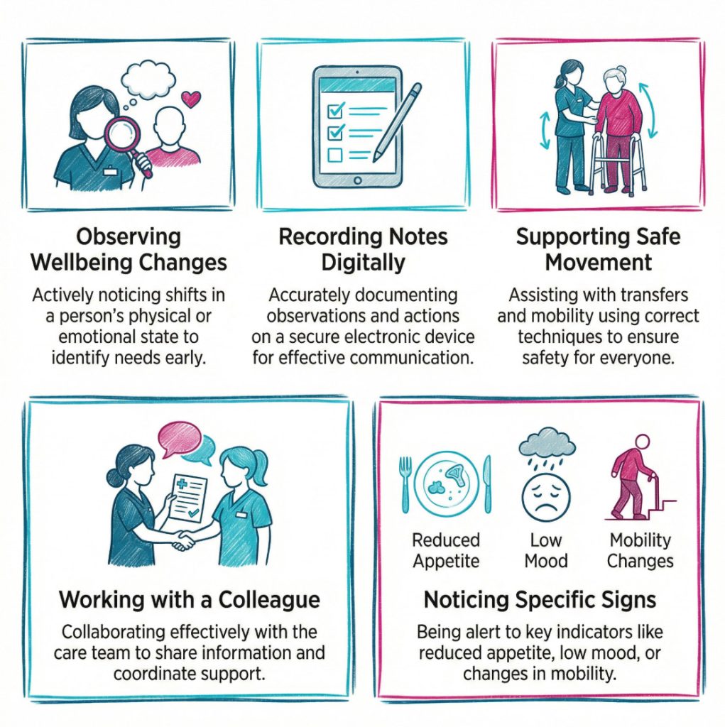 Infographic showing a care worker observing changes, recording information accurately, and using practical skills to support safe and person-centred care.