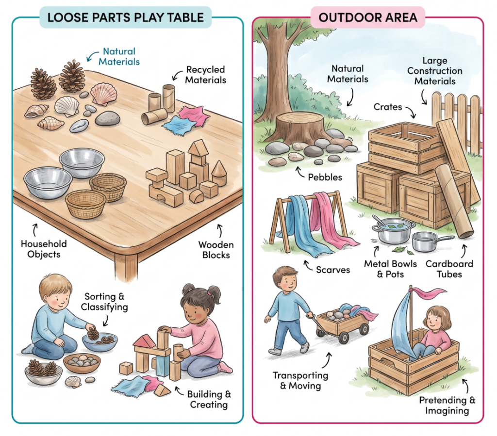 Infographic showing young children exploring loose parts such as shells, fabric, tubes, crates, baskets, blocks, pine cones, and pebbles in indoor and outdoor play.