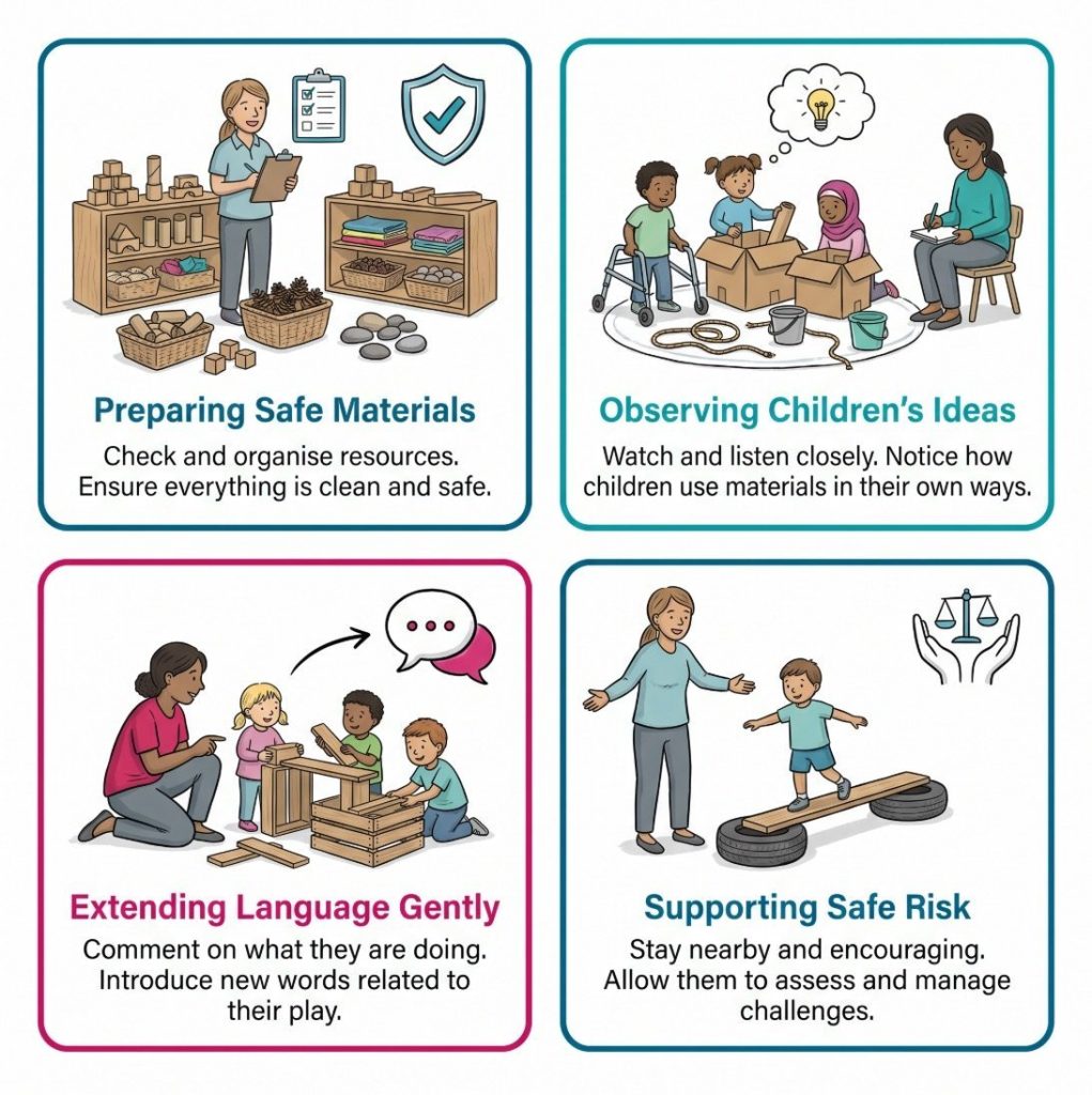 Infographic showing practitioners supporting loose parts play by preparing materials, observing children, extending language, and helping children manage safe risk.