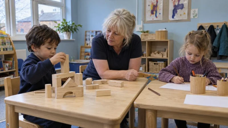 Two children building with wooden blocks and drawing while an early years practitioner supervises.