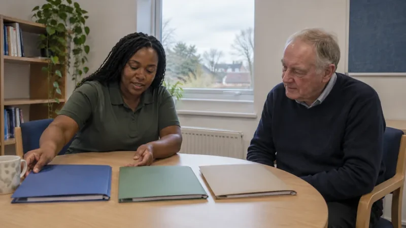 Support adviser and an older adult considering folders of support options at a table.